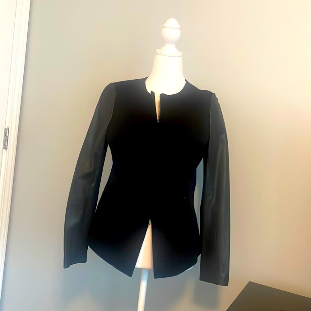 VINCE Leather Sleeve Wool‎ Black Full Zip Jacket, medium